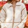 Nova Ivory Shearling & Brown Suede Jacket- close up front view