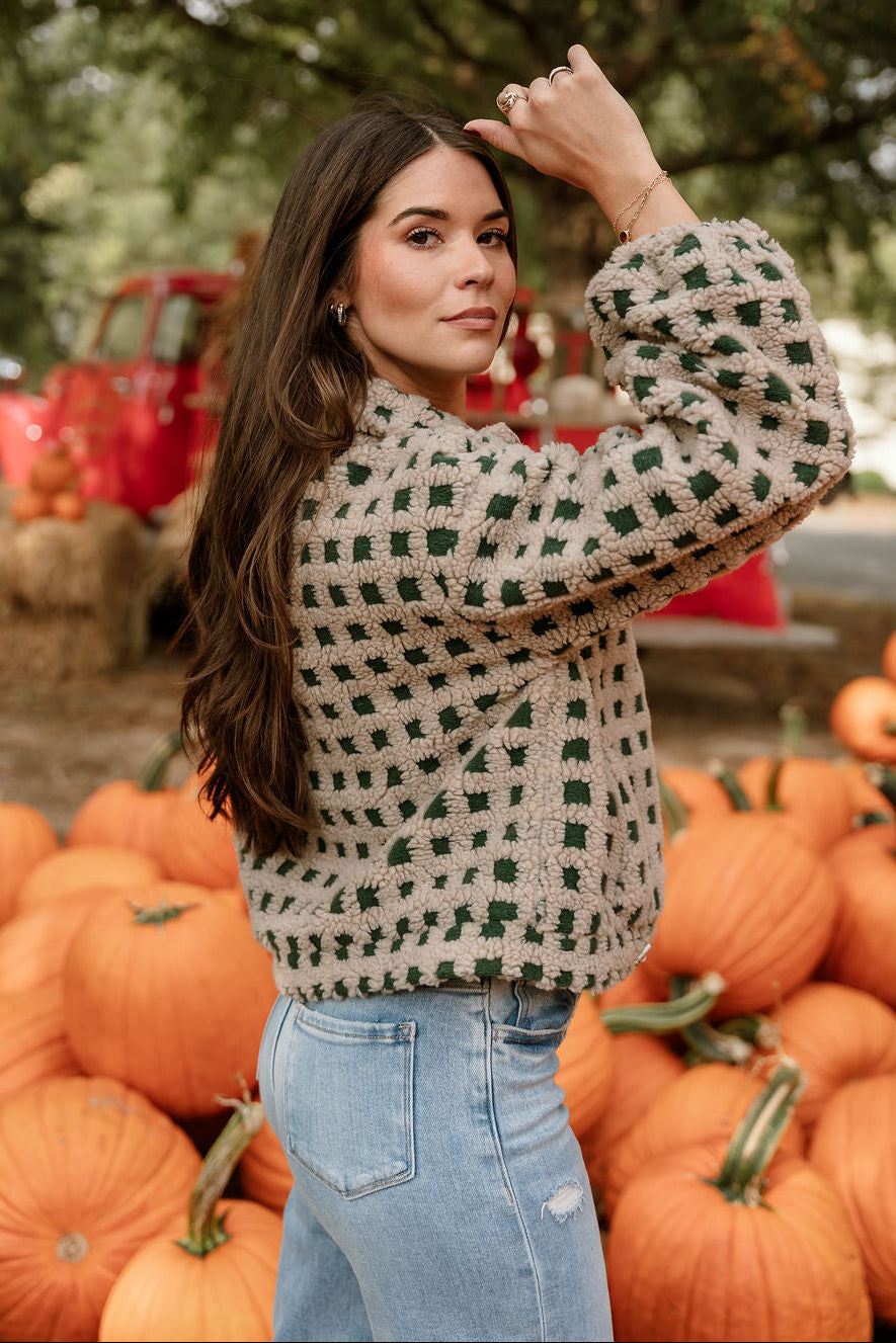 Nora Taupe & Green Shearling Plaid Jacket- close up side view