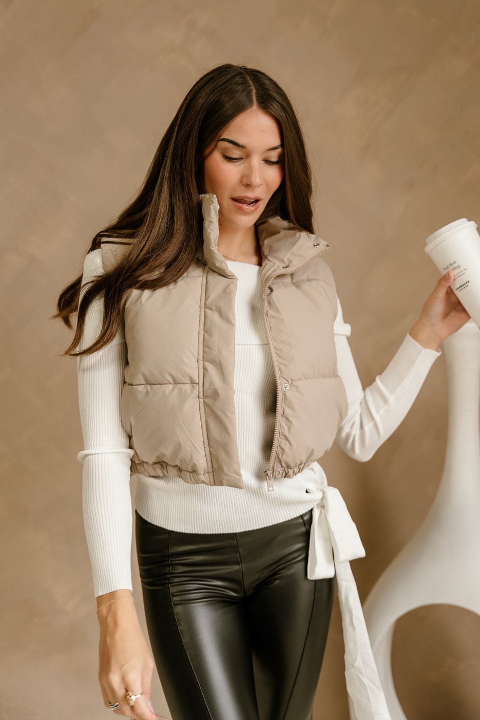 Kyle Taupe Faux Leather Puffer Vest - front vierw