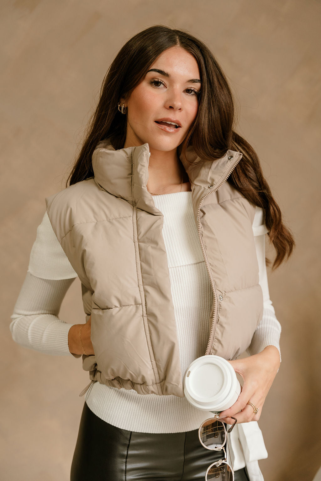 Kyle Taupe Faux Leather Puffer Vest - close up front view