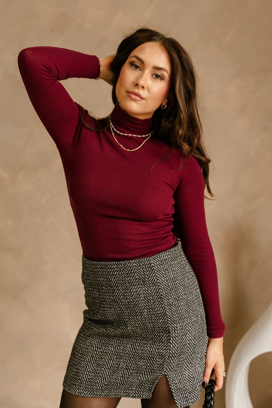 Caitlin Burgundy Ribbed Turtleneck Top - front view