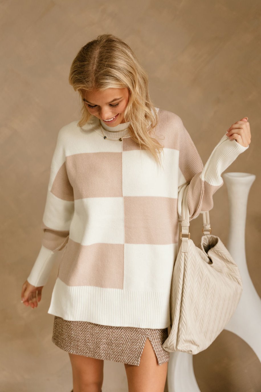 Nadia White & Taupe Checkered Sweater - front view