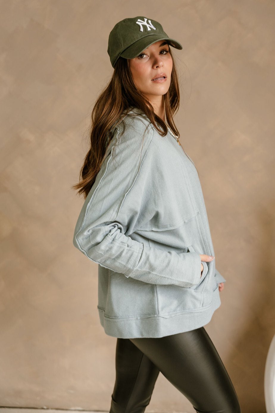 Anaya Dusty Blue Long Sleeve Top- side view