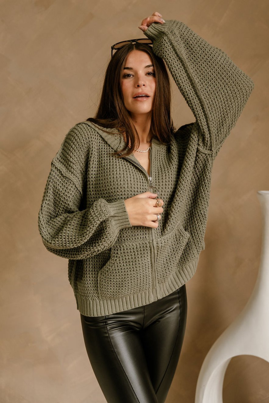 Selah Zip-Up Long Sleeve Knit Sweater- olive- top view