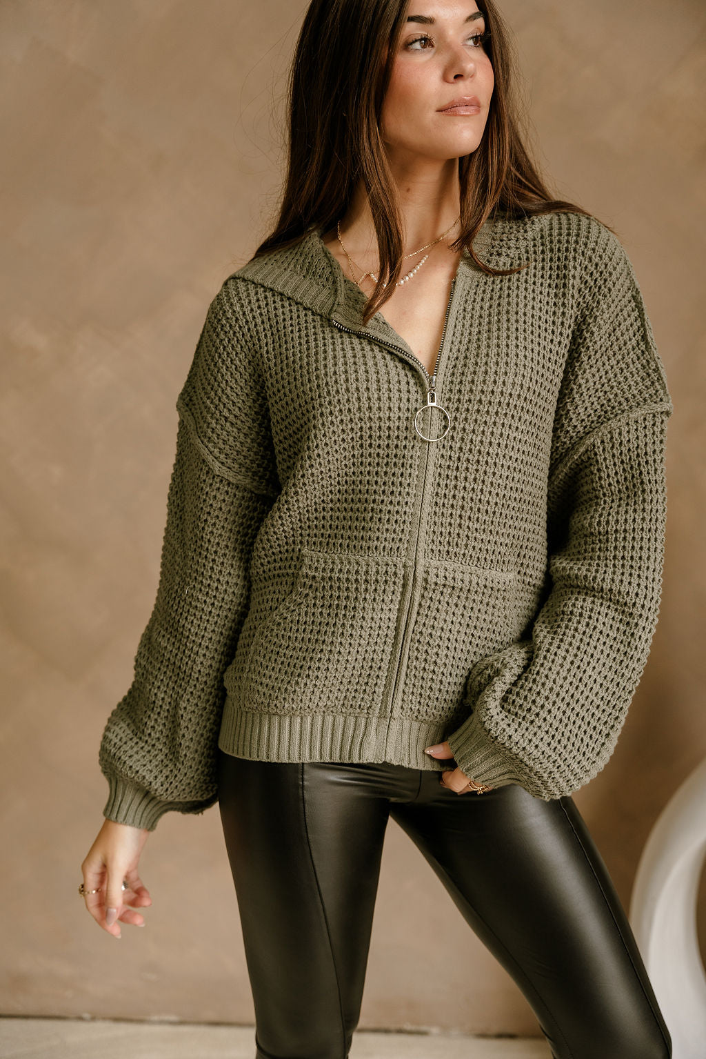 Selah Zip-Up Long Sleeve Knit Sweater- olive- close up frontal side view