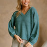 Adriana Teal V-Neck Long Sleeve Sweater- front view