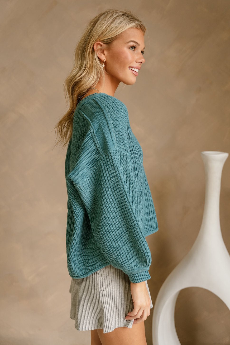 Adriana Teal V-Neck Long Sleeve Sweater- side view