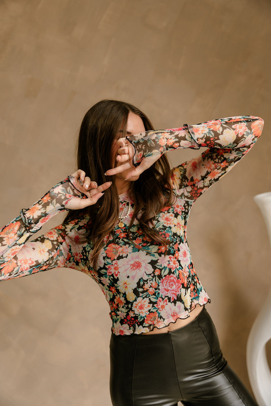 Mya Black Multi Floral Mesh Top- close up top view