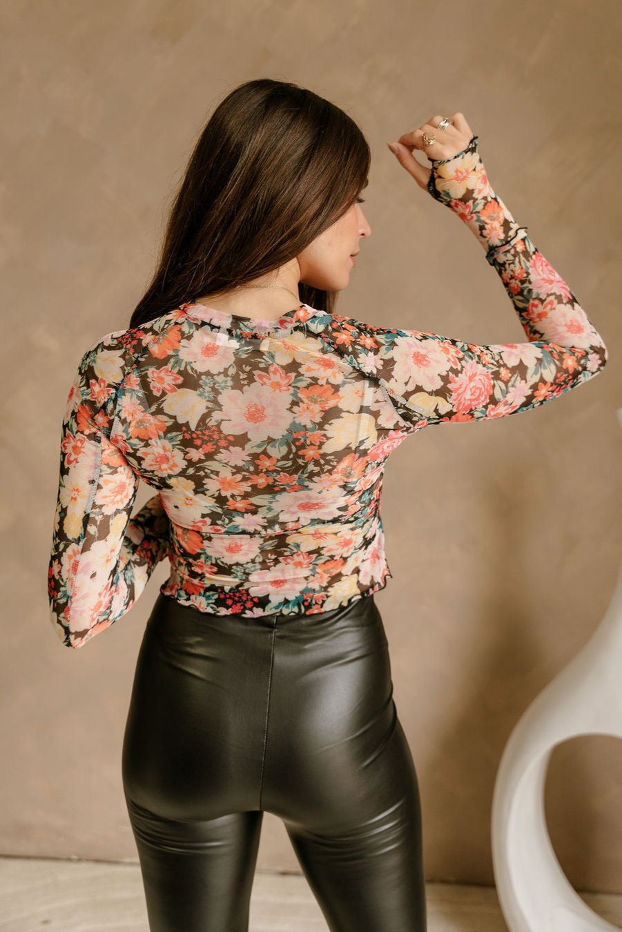 Mya Black Multi Floral Mesh Top- back view