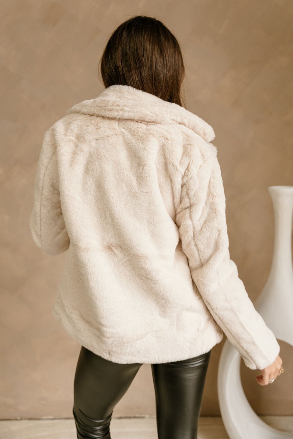 Laila Taupe Faux Fur Jacket- close up back view