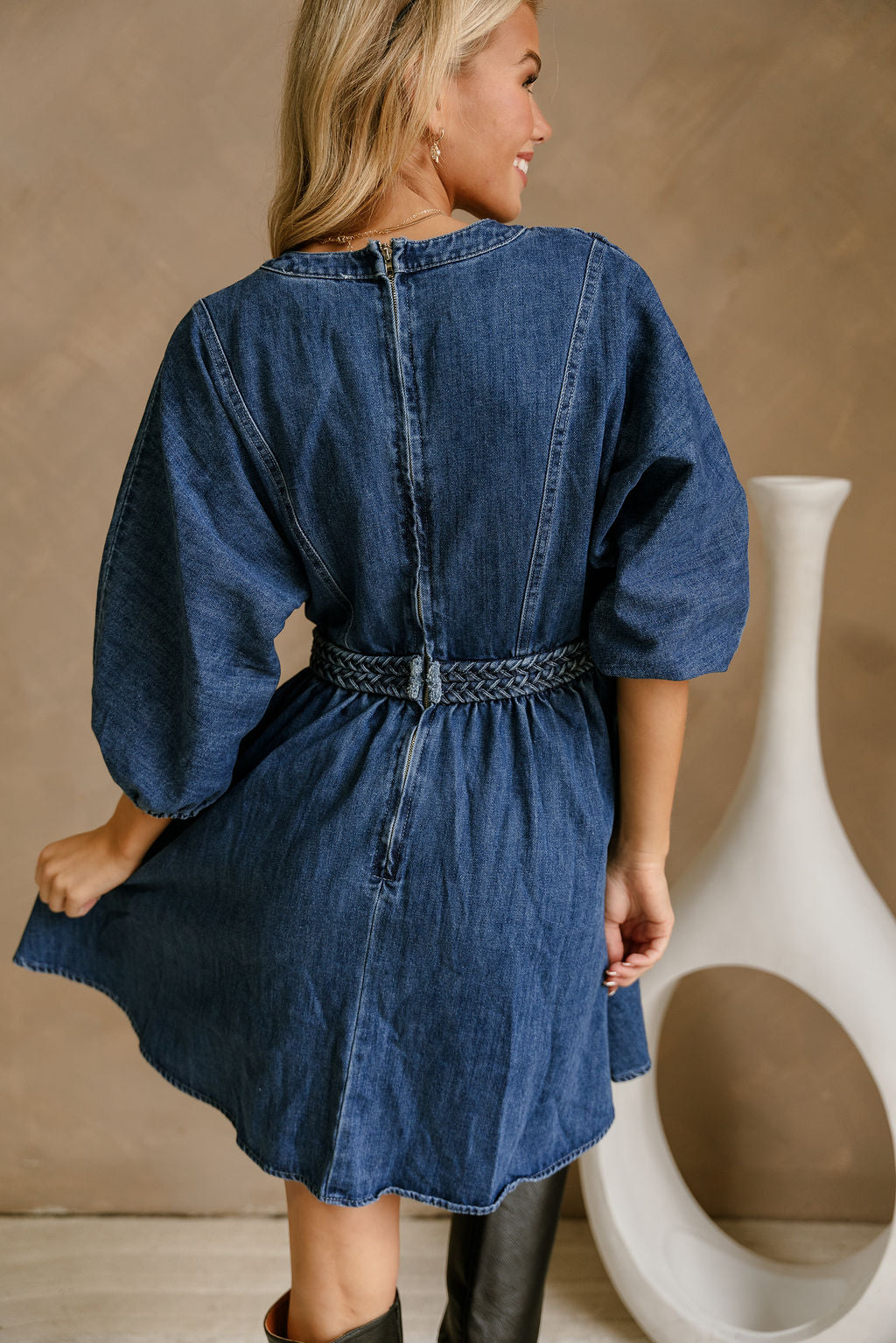 Haven Denim Braided Waist Mini Dress- back view