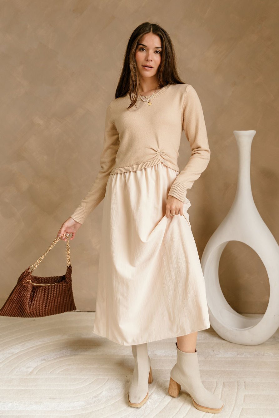 Juliet Natural Cinched Knit Maxi Dress- front view