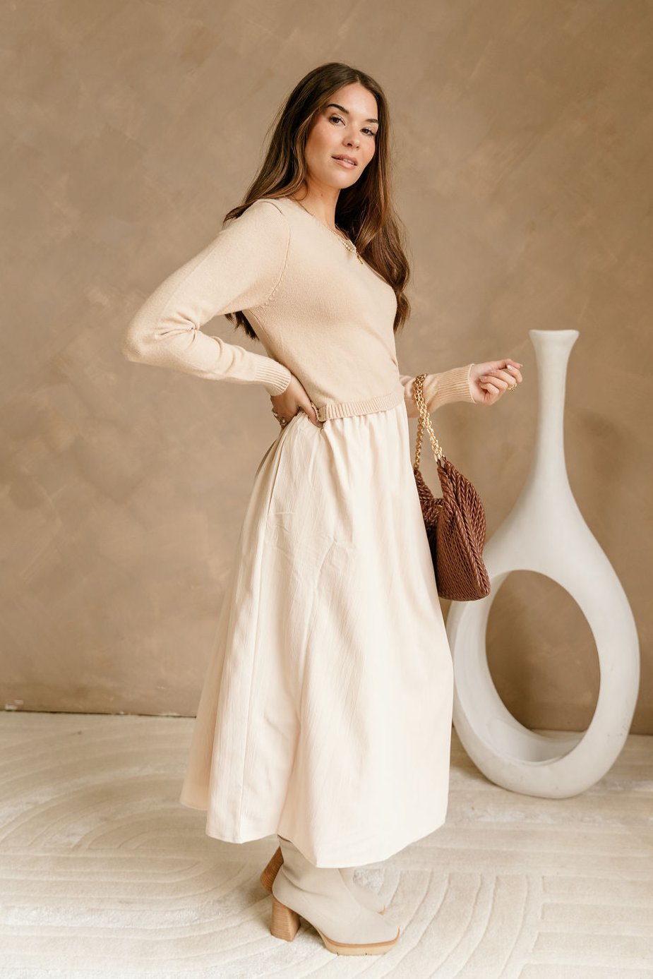 Juliet Natural Cinched Knit Maxi Dress- full body side view