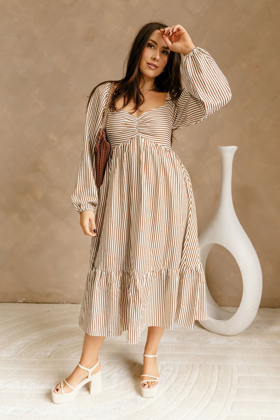 Evie Brown & Cream Stripe Midi Dress- full body view