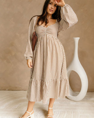 Evie Brown & Cream Stripe Midi Dress- full body view