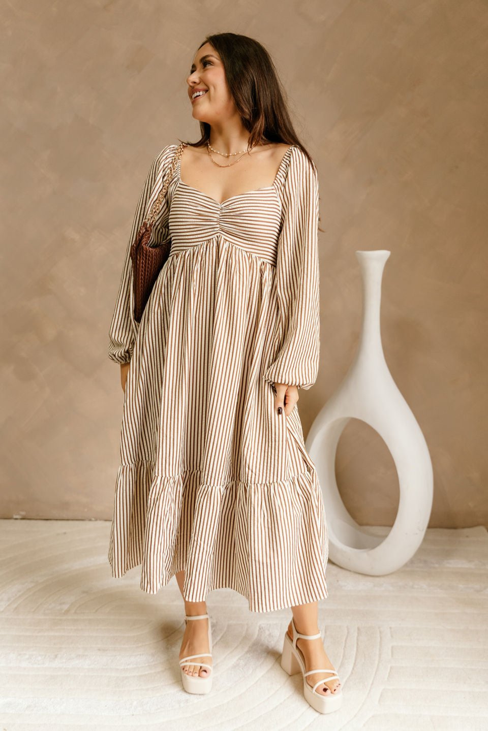 Evie Brown & Cream Stripe Midi Dress- front full body view