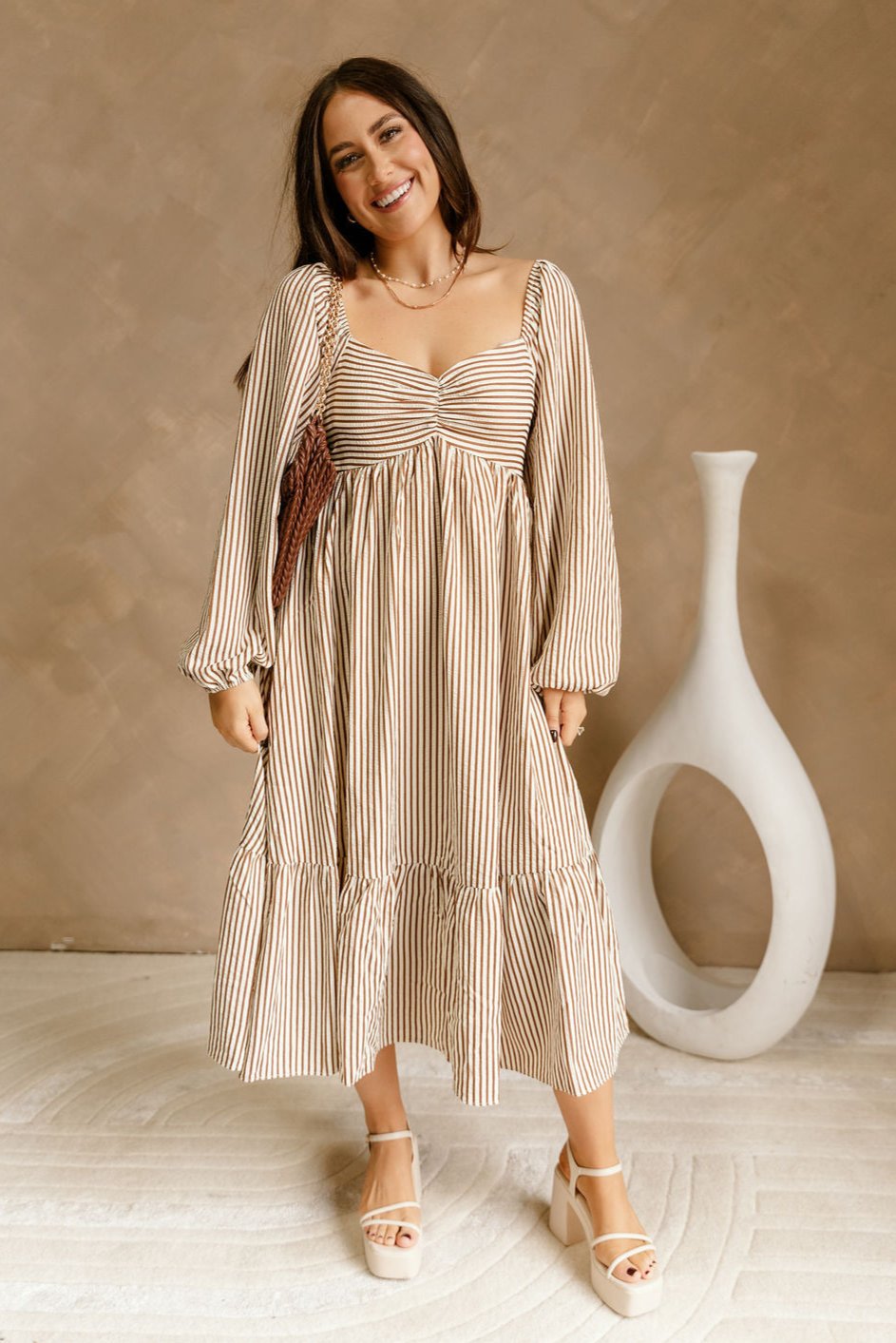 Evie Brown & Cream Stripe Midi Dress- front view