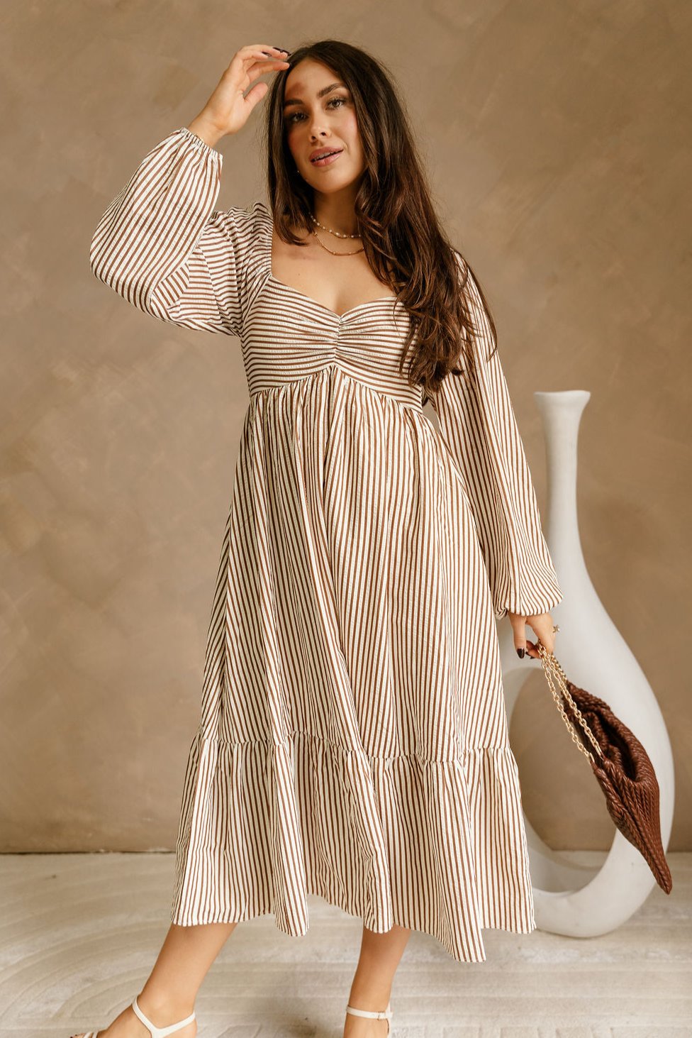 Evie Brown & Cream Stripe Midi Dress- close up front view