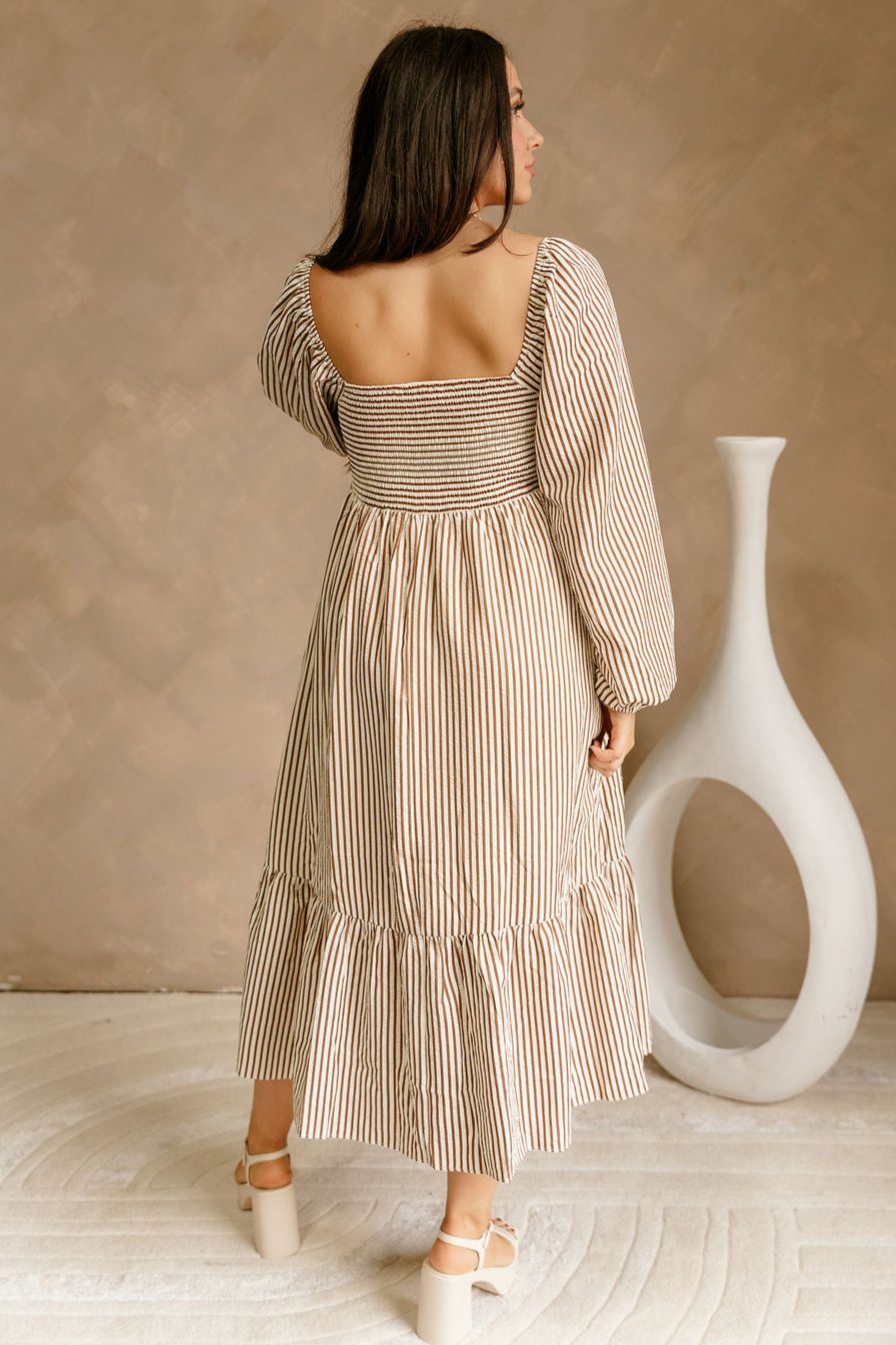 Evie Brown & Cream Stripe Midi Dress - Lizard Thicket Evie Brown & Cream Stripe Midi Dress - Lizard Thicket