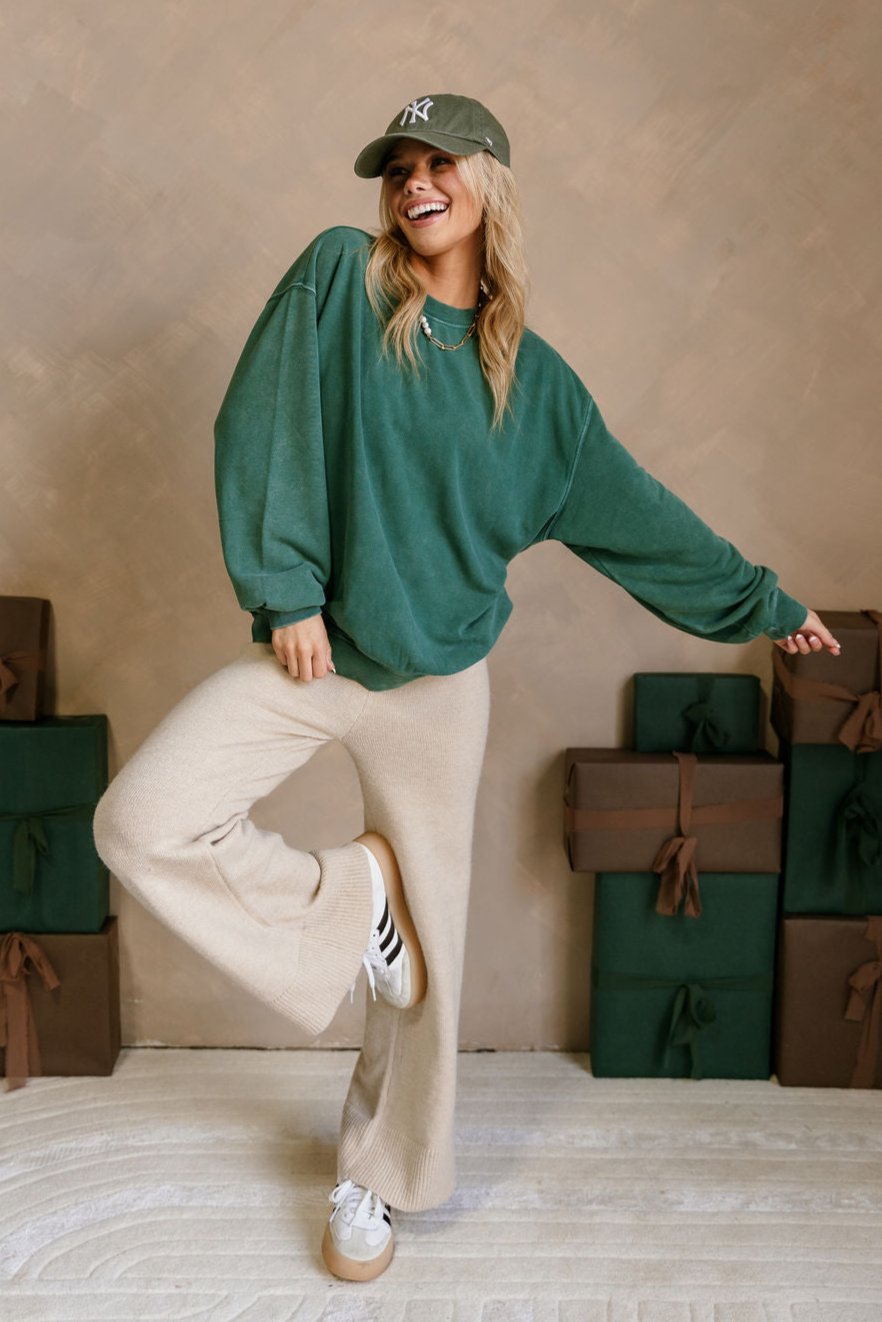 Lyra Washed Green Pullover- full body view