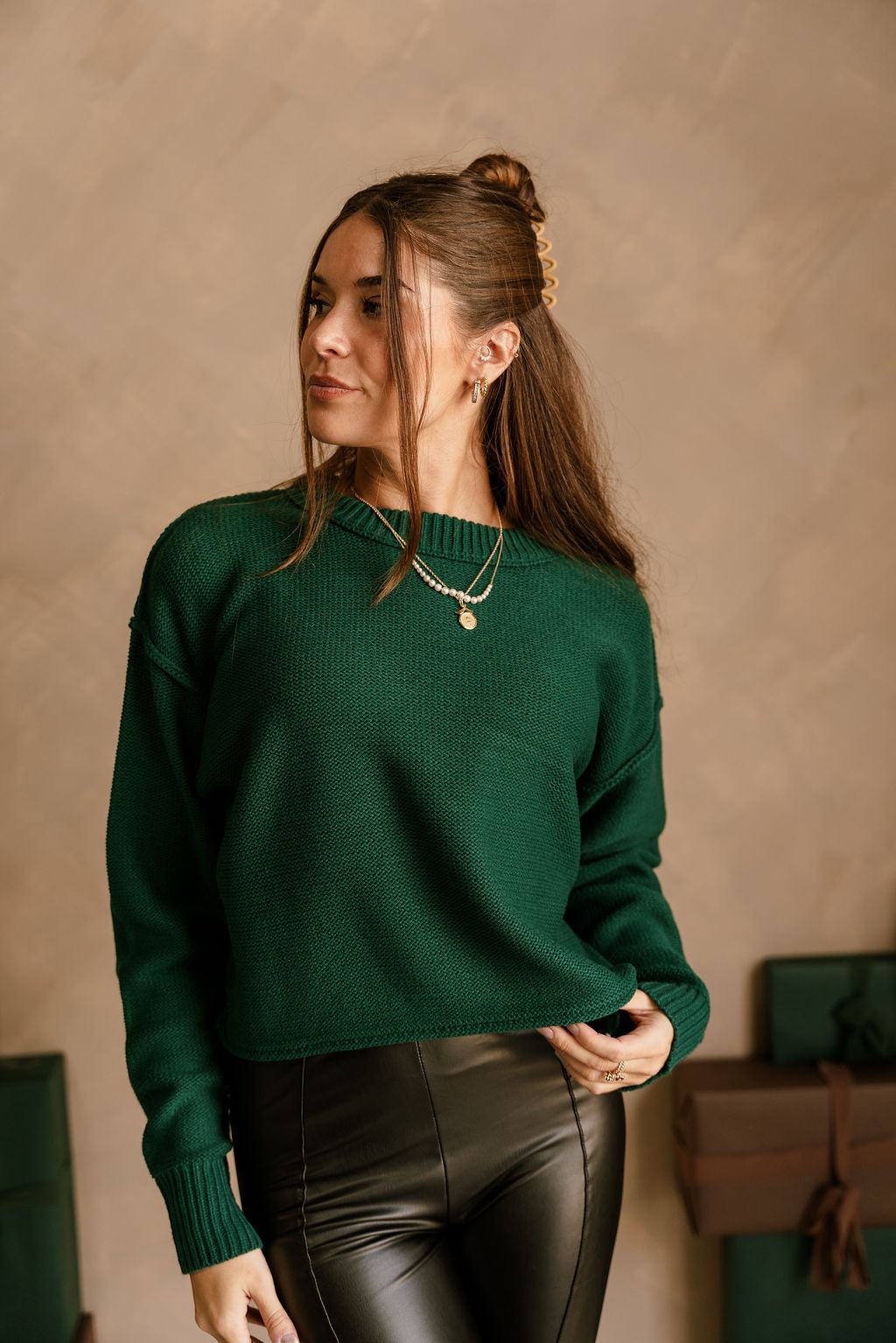 Olivia Dark Green Long Sleeve Sweater - front view