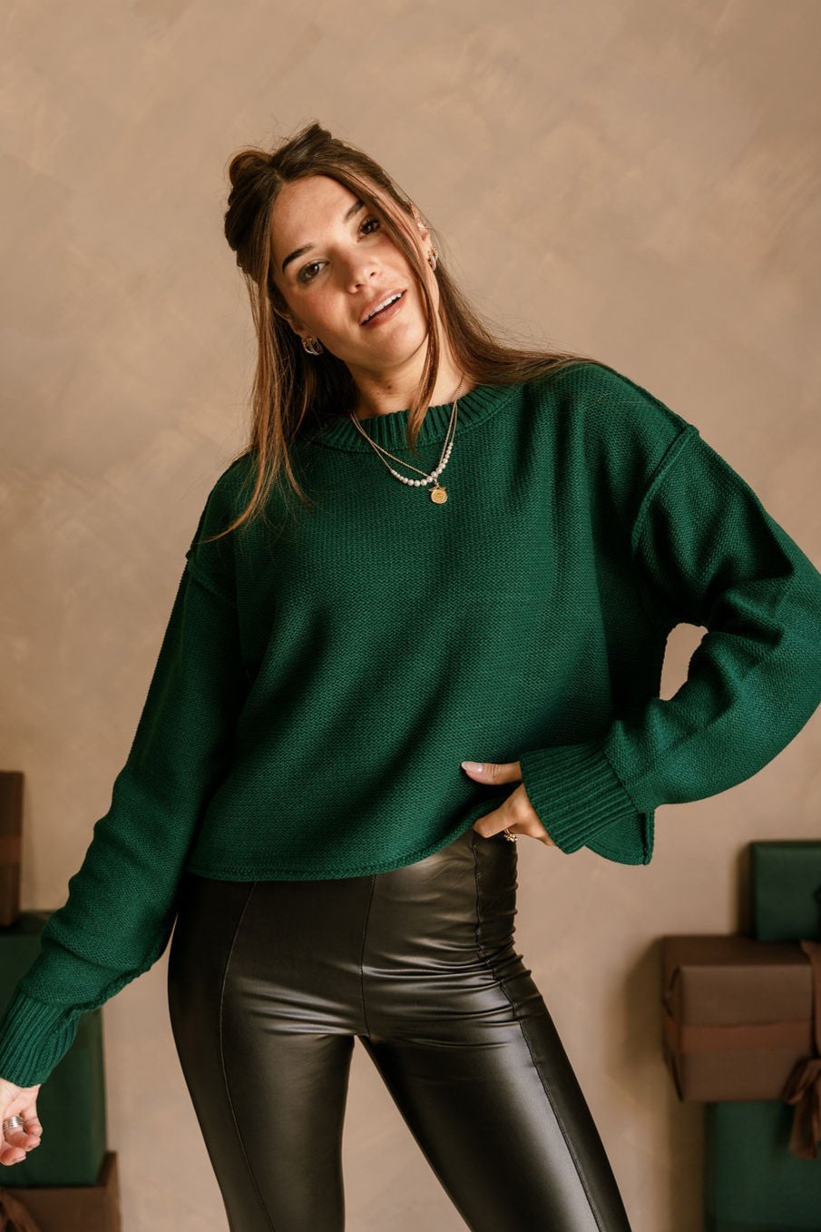 Olivia Dark Green Long Sleeve Sweater - front view (one arm out)