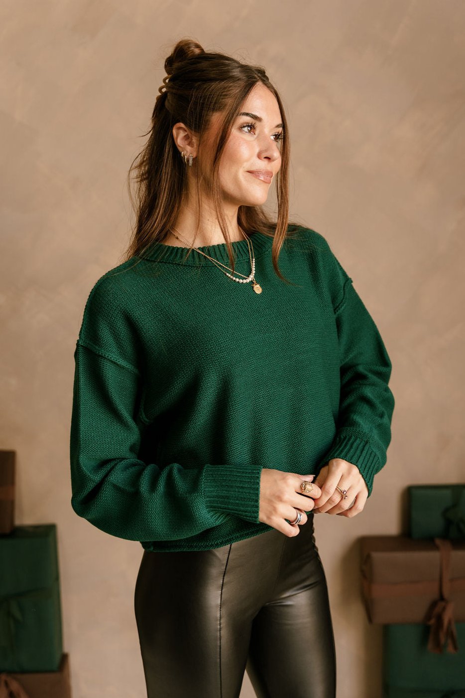 Olivia Dark Green Long Sleeve Sweater - frontal side view