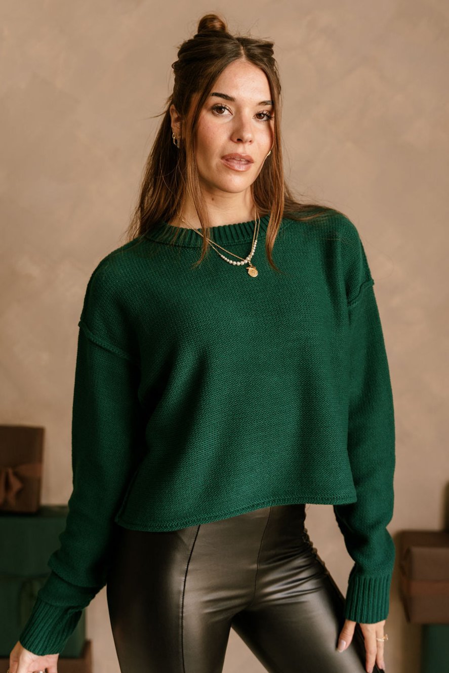 Olivia Dark Green Long Sleeve Sweater - close up front view