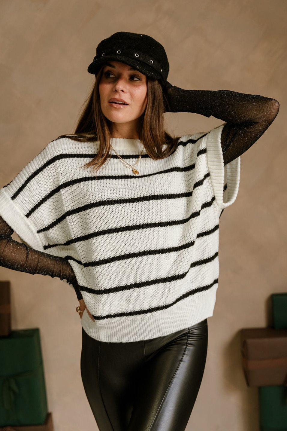 Emelia White & Black Stripe Sweater Vest- close up front view