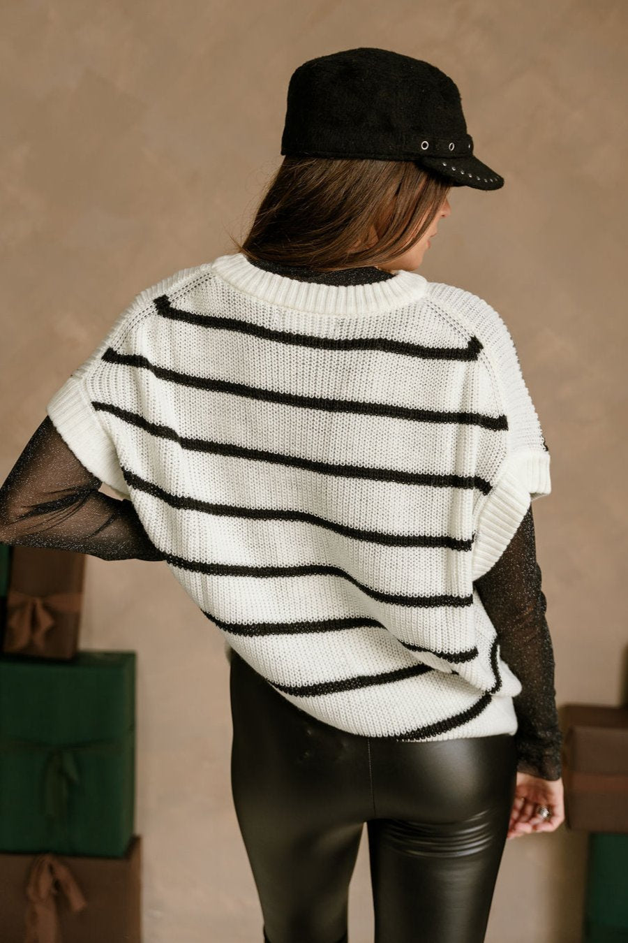 Emelia White & Black Stripe Sweater Vest- close up back view