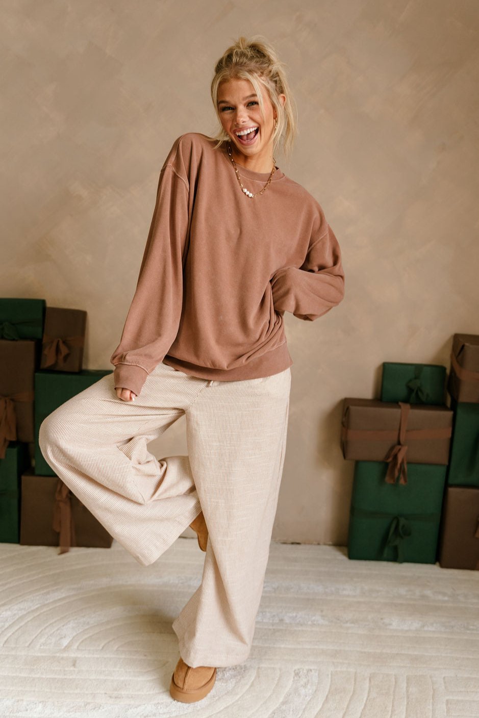 Lyra Washed Brown Pullover- full body view