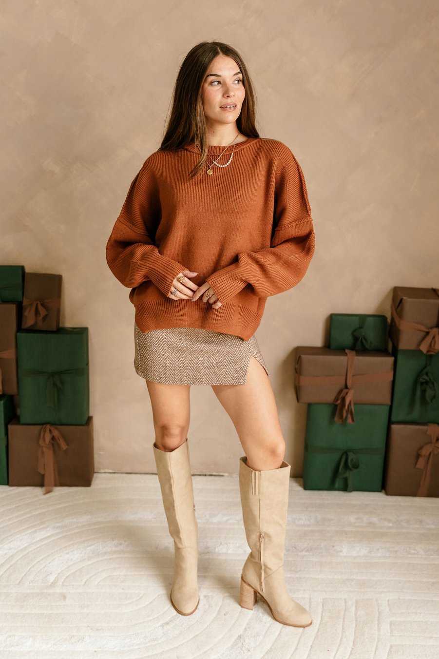 Aspen Brown Ribbed Knit Sweater- Full body front view