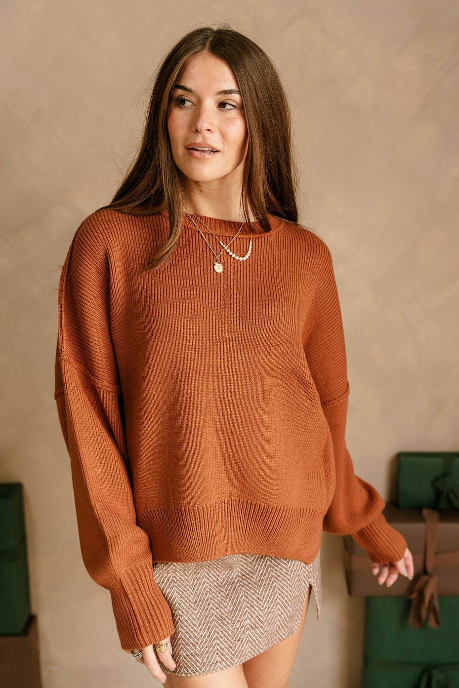 Aspen Brown Ribbed Knit Sweater- front view (arms down)