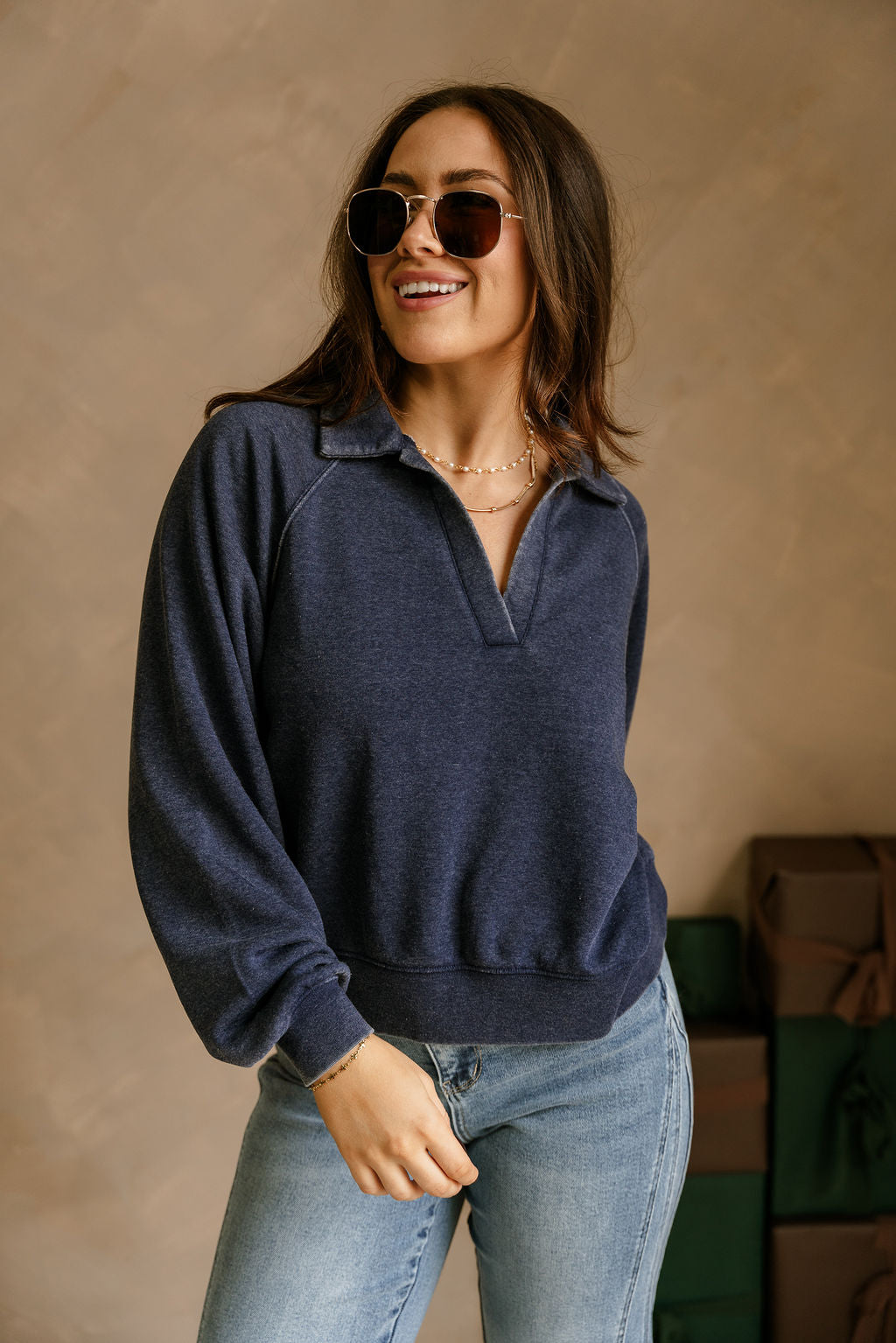 Hannah Washed Blue Collar Pullover- top view