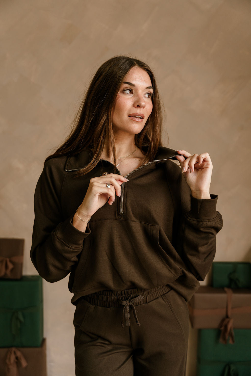 Dakota Brown Butter Soft Quarter-Zip Pullover - front view (zipping up)