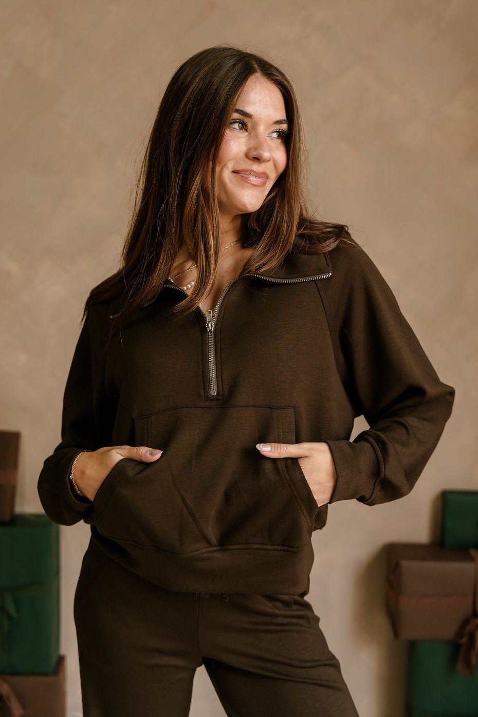 Dakota Brown Butter Soft Quarter-Zip Pullover - front view (hands in pockets)