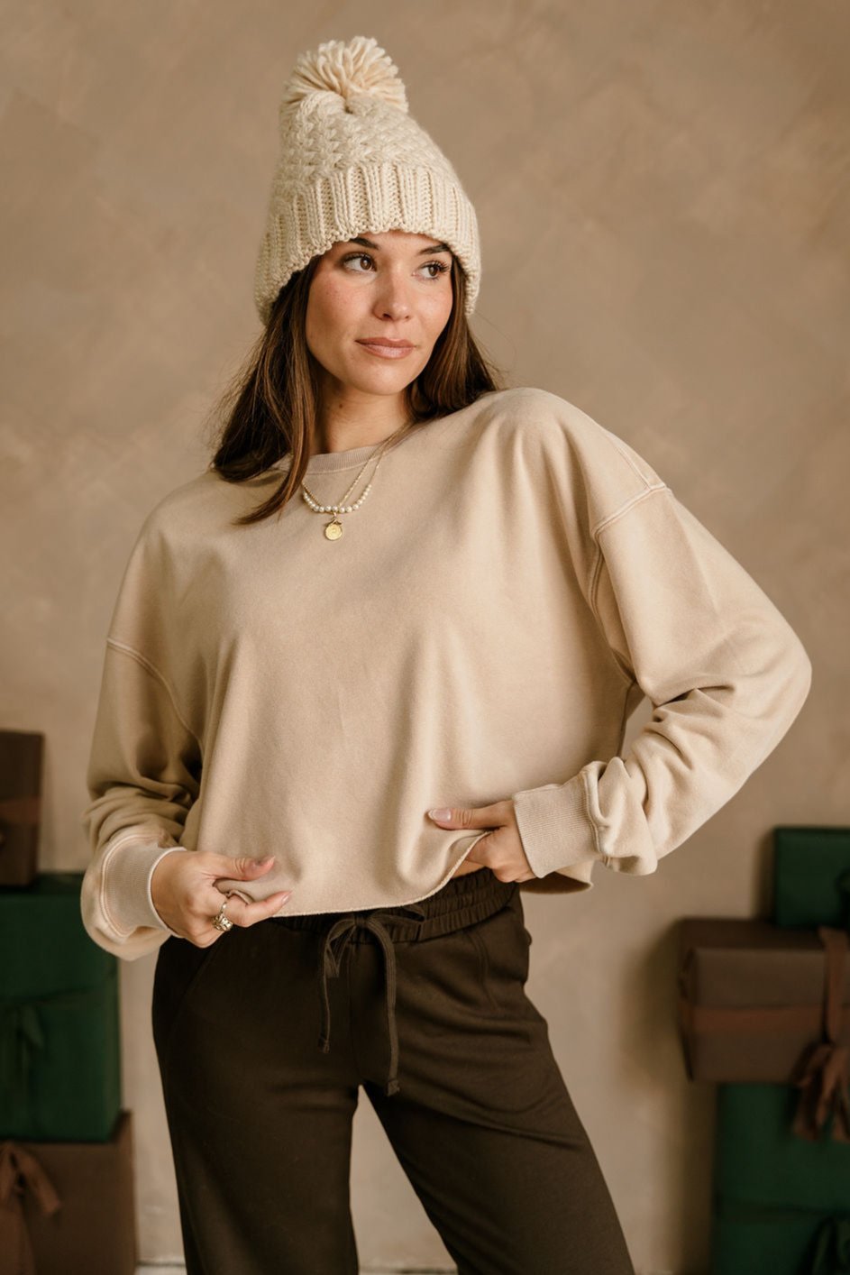 Riley Washed Taupe Cropped Pullover- front view