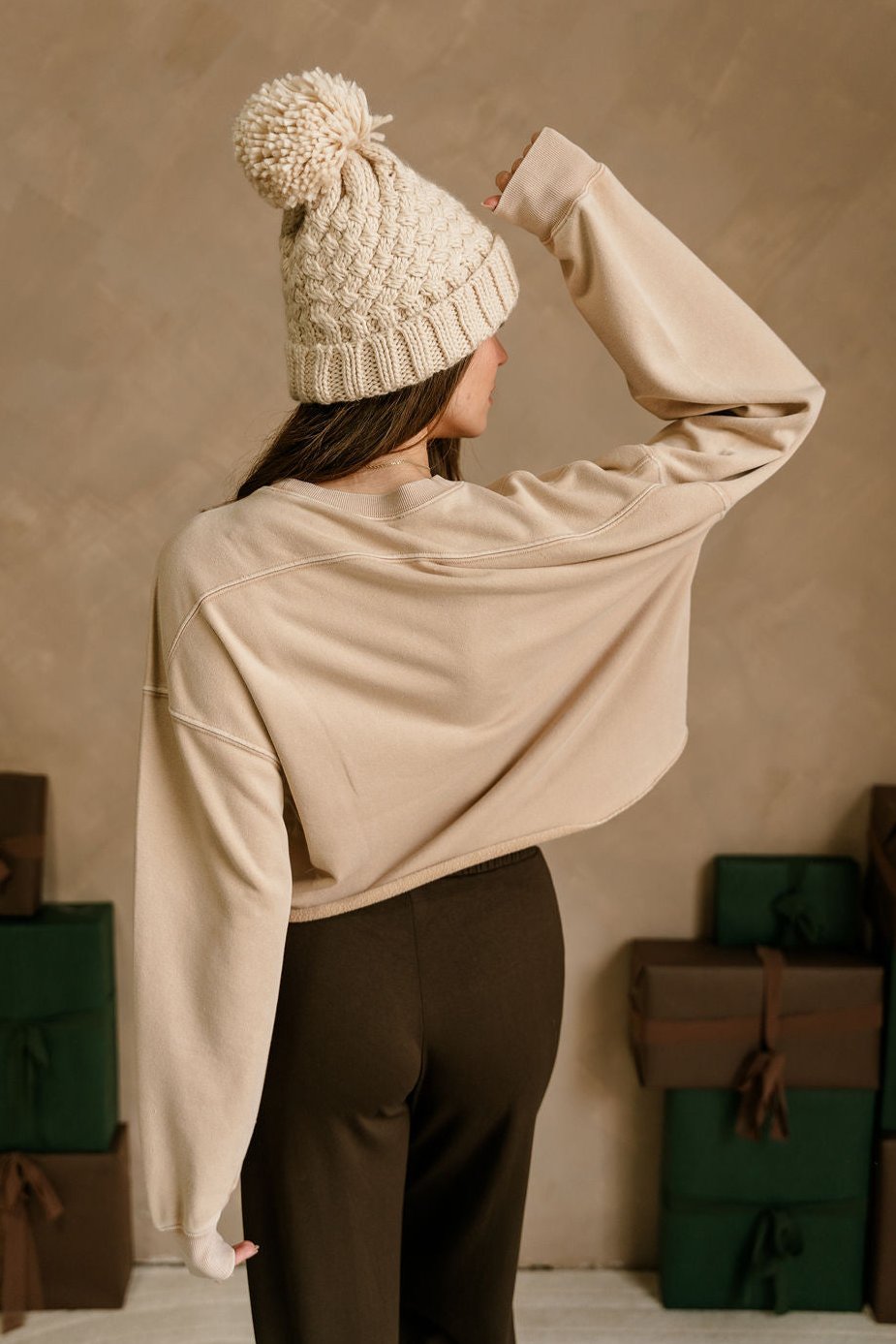 Riley Washed Taupe Cropped Pullover- close up back view