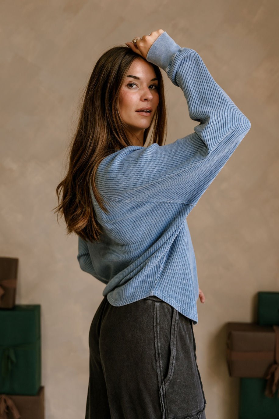 Rhea Washed Blue Thermal Top - side view