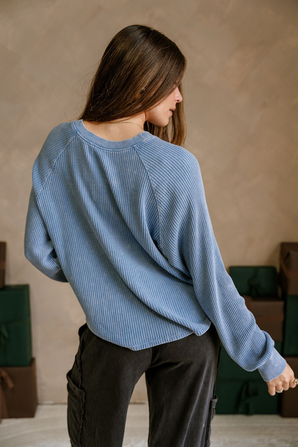 Rhea Washed Blue Thermal Top - full back view