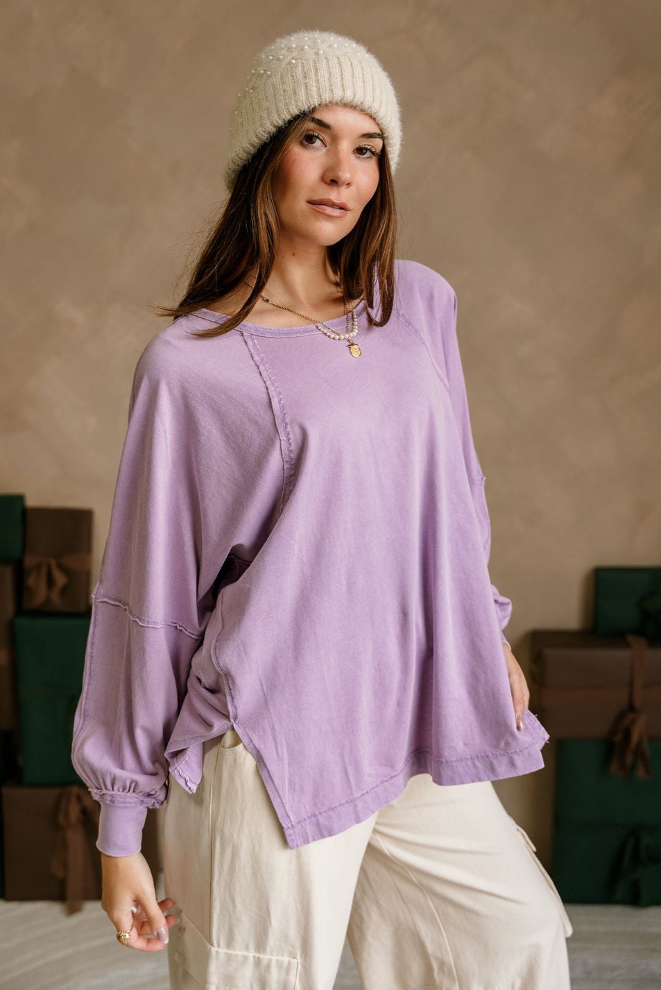 Carter Washed Lavender Side Slit Tee- frontal side view