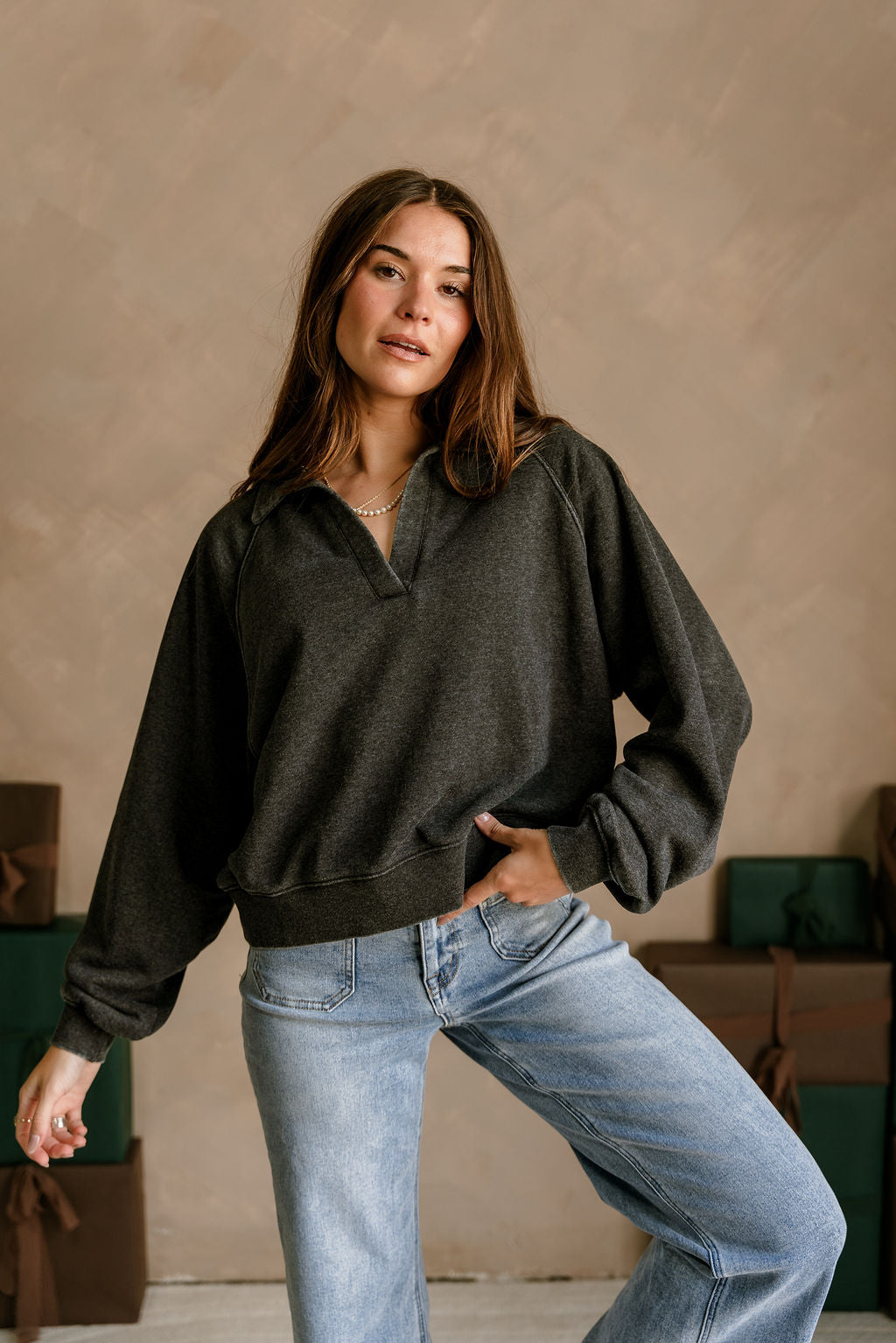 Hannah Washed Black Collar Pullover- front view