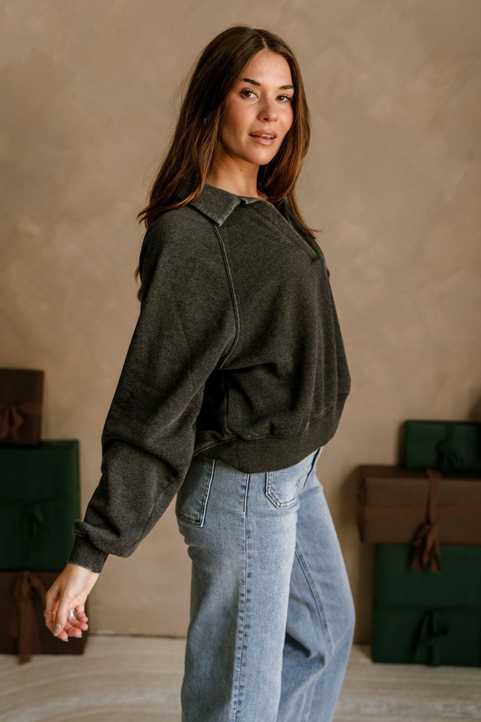 Hannah Washed Black Collar Pullover- side view