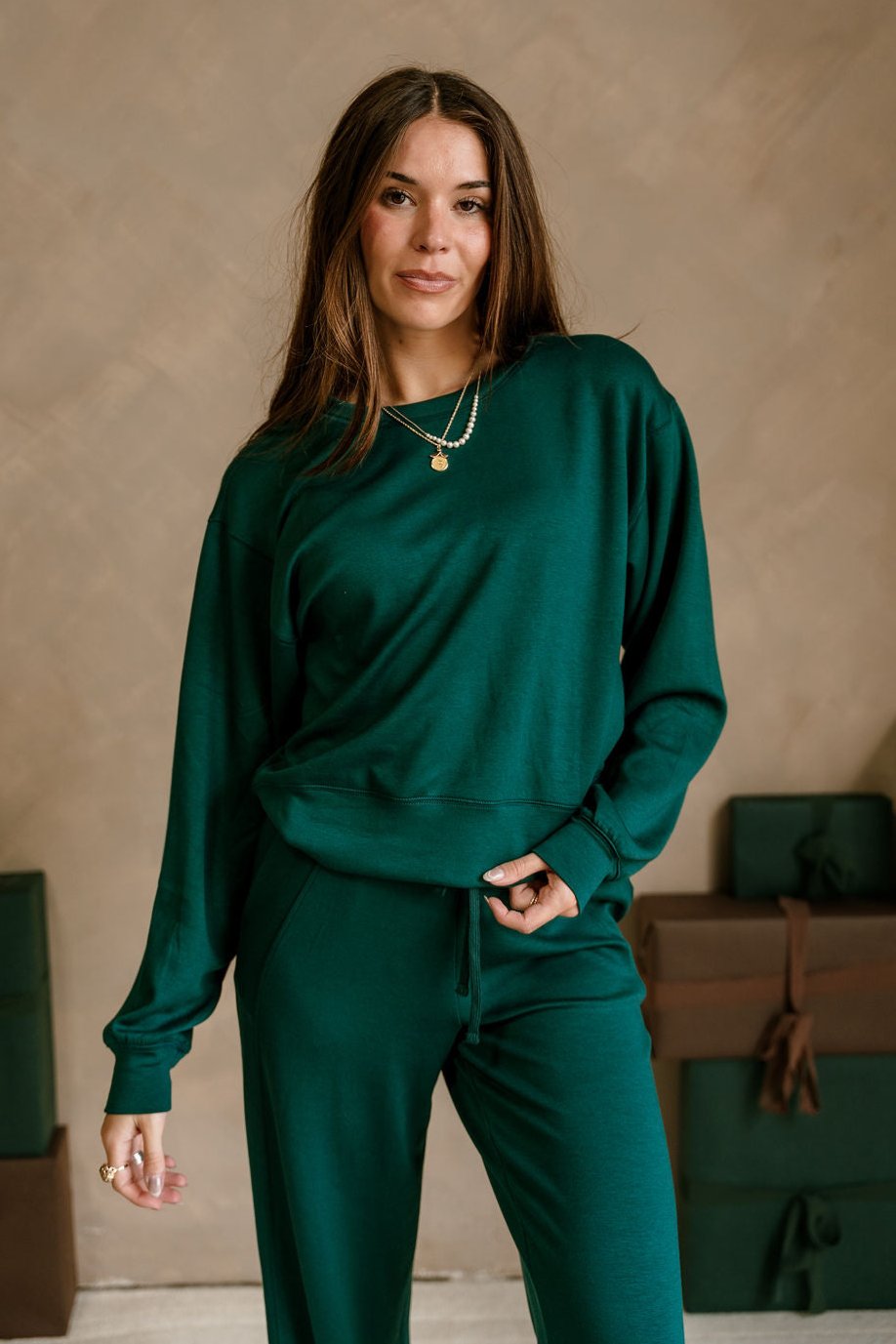 Lina Green Butter Soft Round Neck Pullover - front view