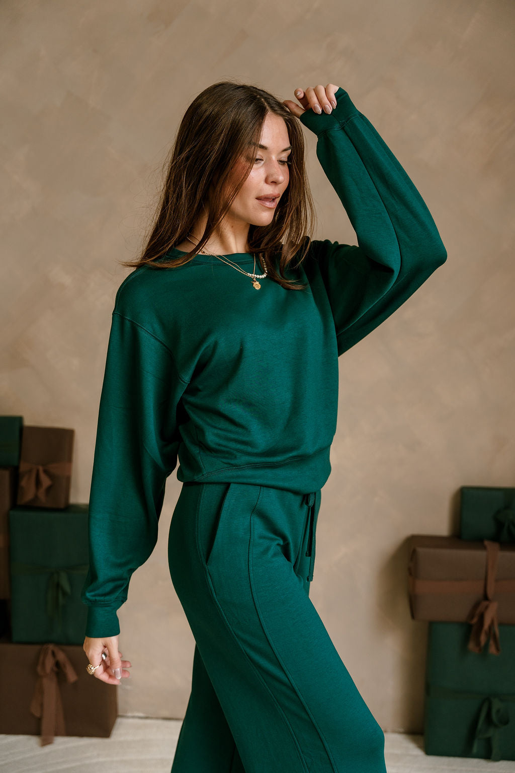 Lina Green Butter Soft Round Neck Pullover - frontal side view