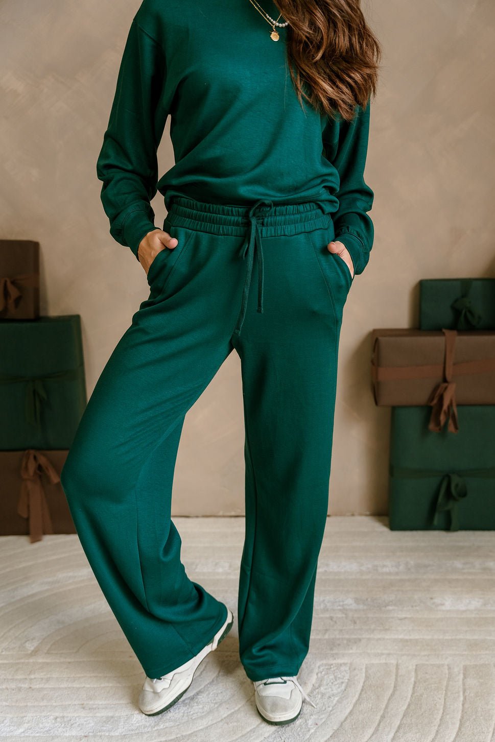 Harper Green Butter Soft Pants - lower body front view (hands in pockets)