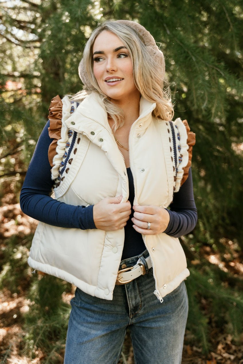 Aleena Cream & Navy Multi Puffer Vest- top view