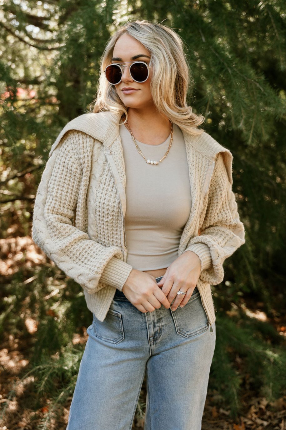 Chelsea Beige Zip Up Knit Sweater- front view