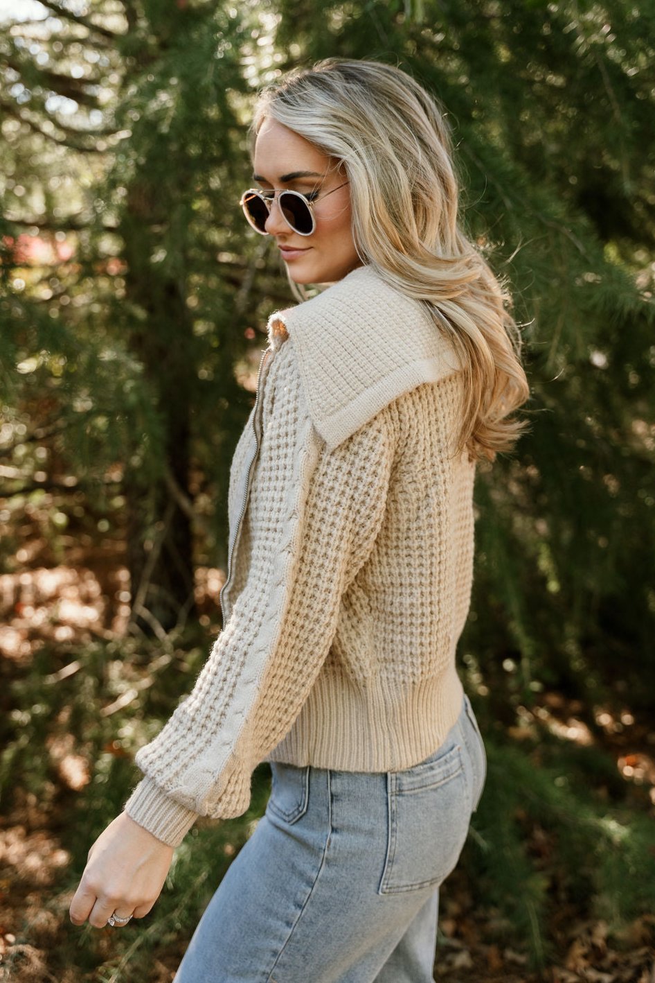 Chelsea Beige Zip Up Knit Sweater- side view