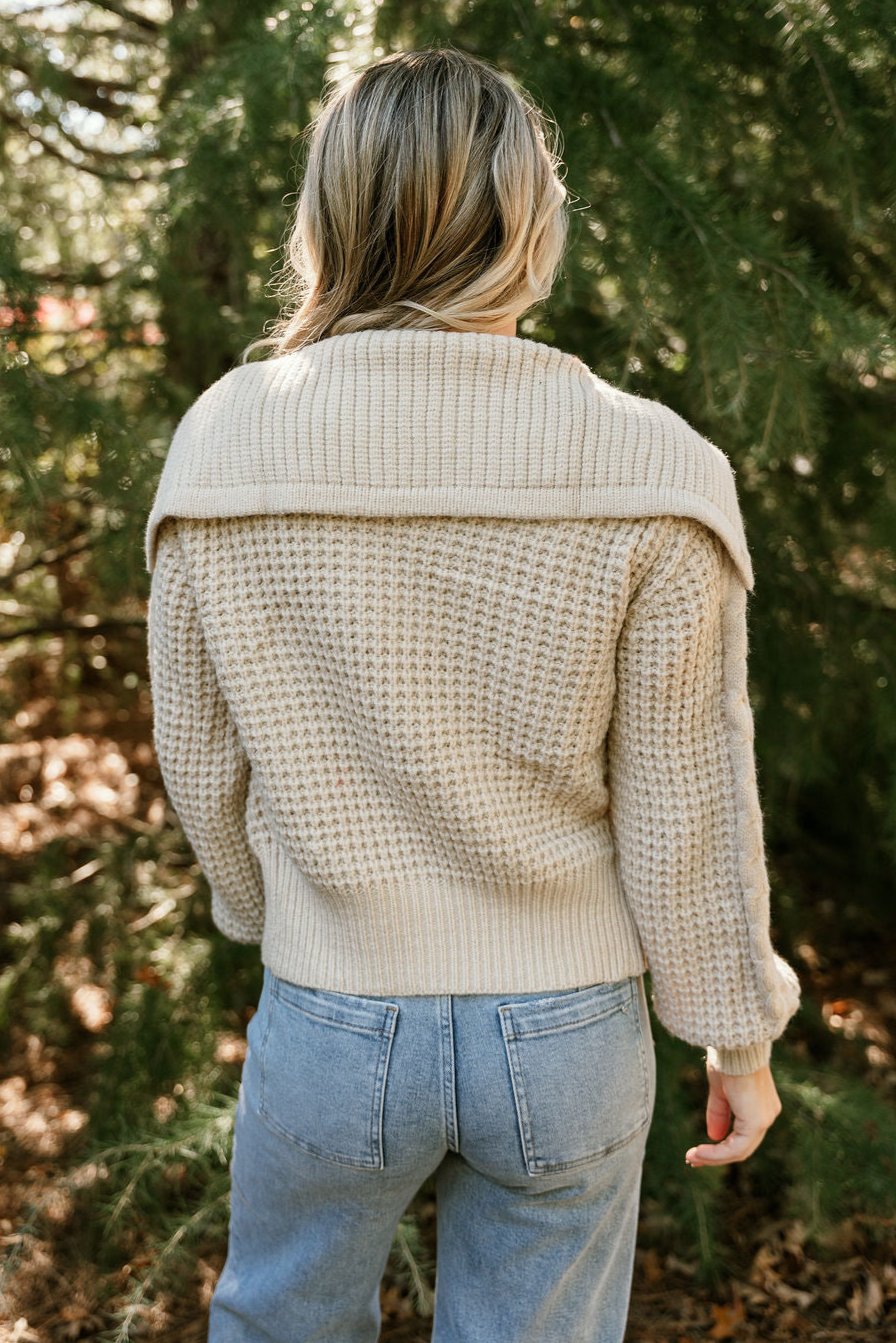 Chelsea Beige Zip Up Knit Sweater- close up back view